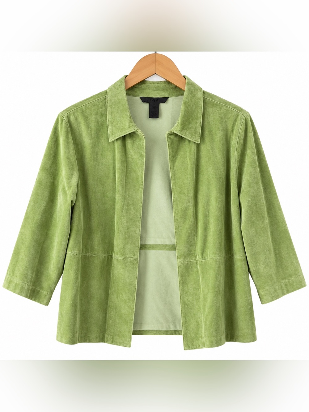 Studio JPR Light Green Suede Open Front Jacket Medium 3/4 Sleeve Tailored